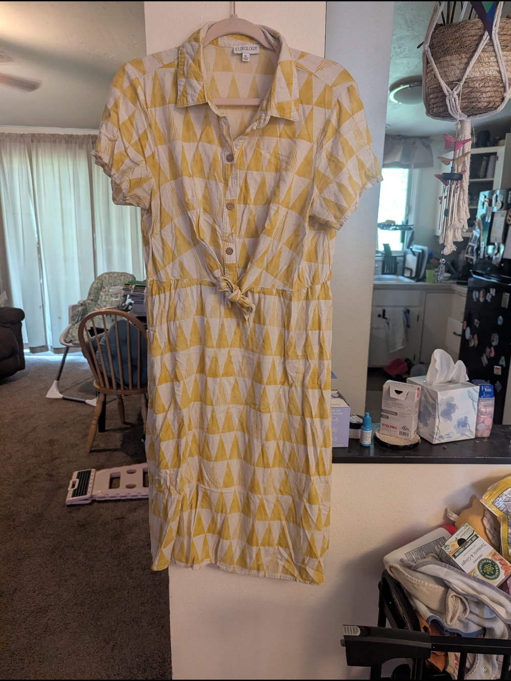 Luxology Yellow & White Geometric Tie-Front Midi Dress